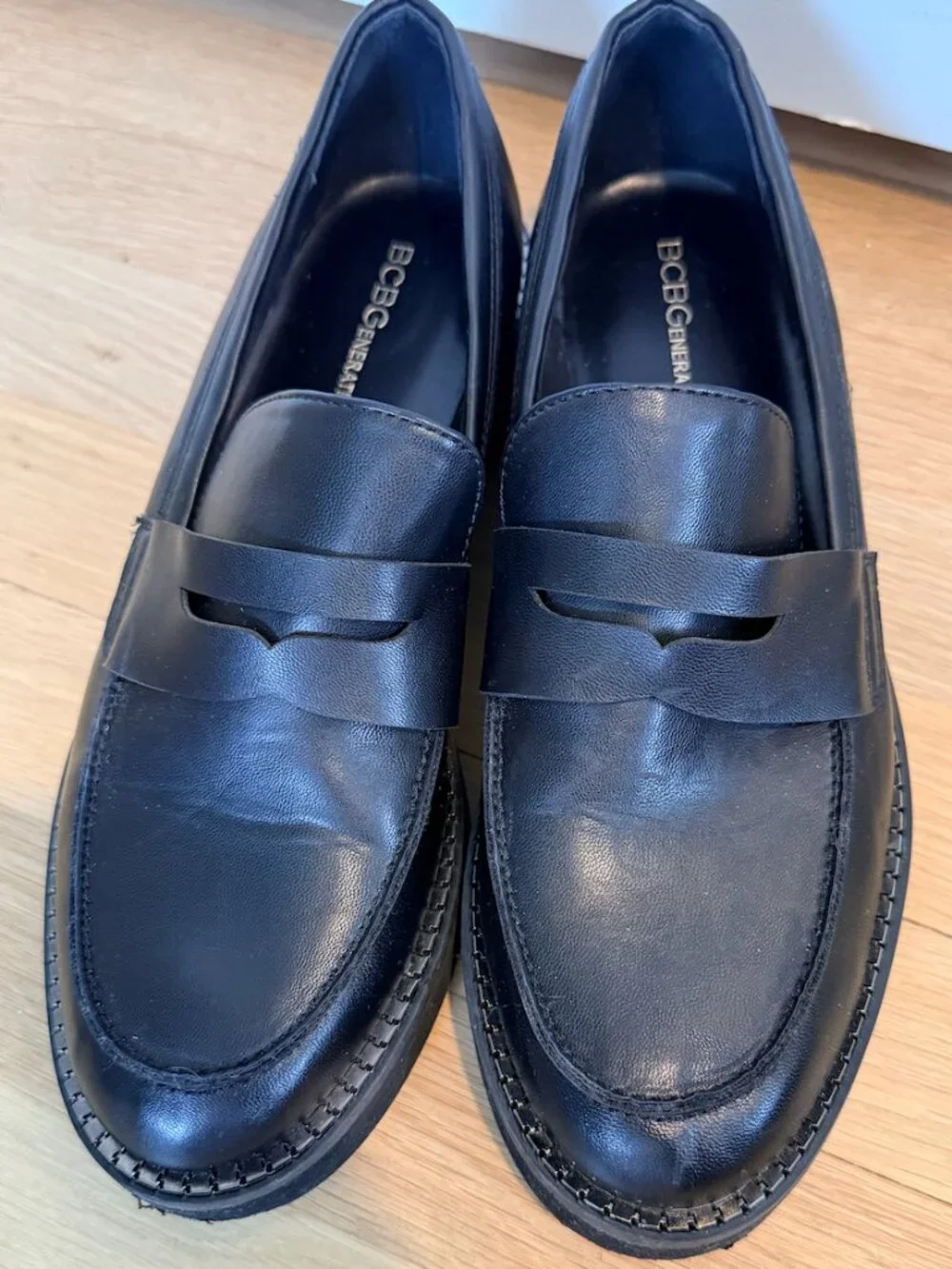 BCBGeneration Black Leather Platform Penny Loafers